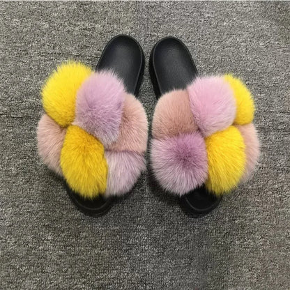 Natural Fox Fur Slippers, Fashionable Outdoor Multi-Color Animal Hair Slippers, Women's Gifts, Soft EVA Sole Slippers, On Trend