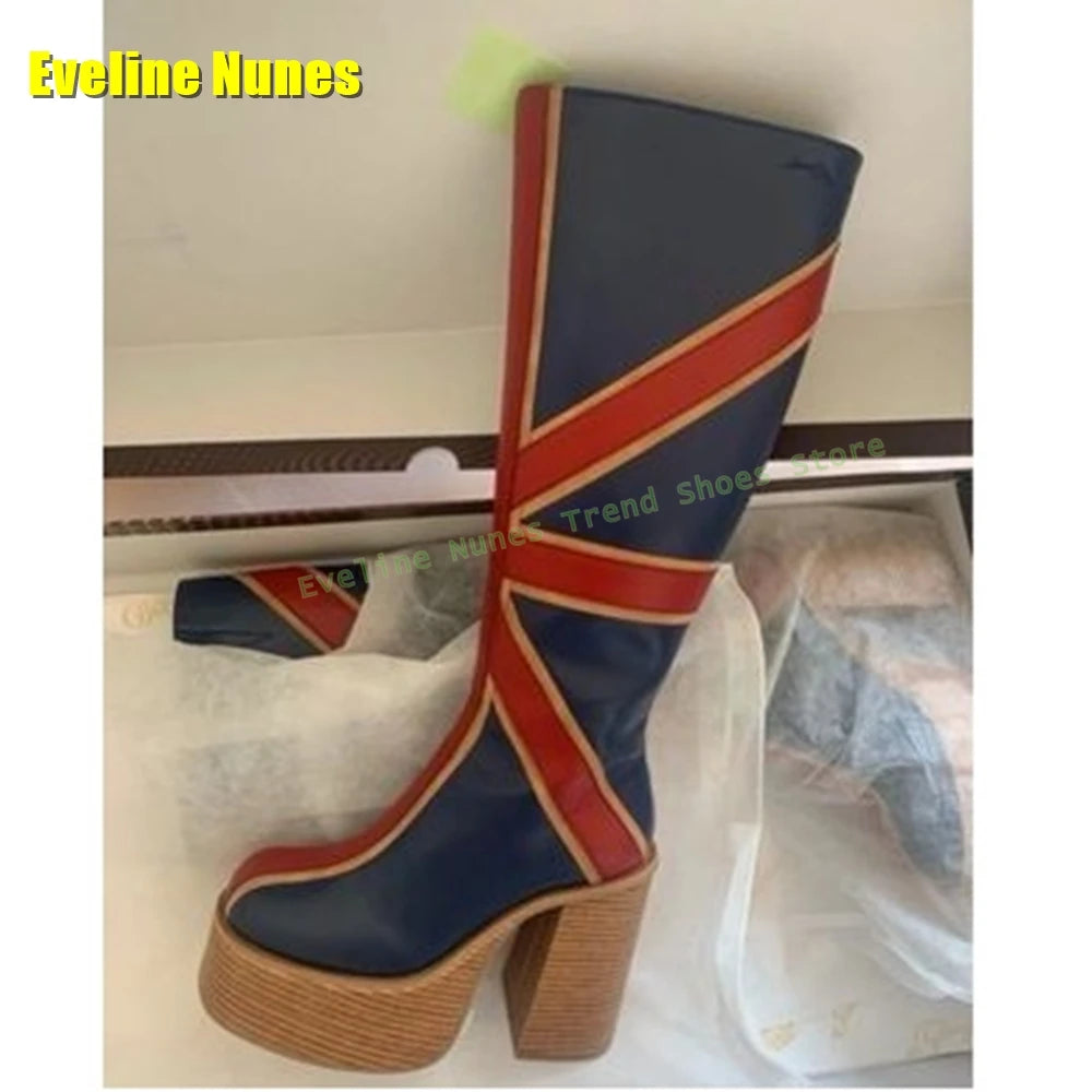 Blue Buffalo Platform Fashion Boots Round Toe Chunky Heels Zipper Closure National Flag Pattern Street Style Lady Knee High Boot