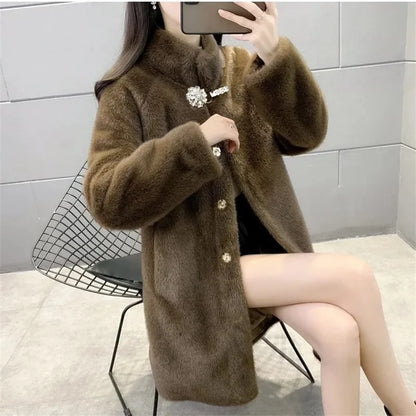 Mink Fleece Coat Medium Long Fur One Piece Coat Gold Mink Fleece Coat 2026 Winter New Standing Collar Fur Coat Solid Commuter B1