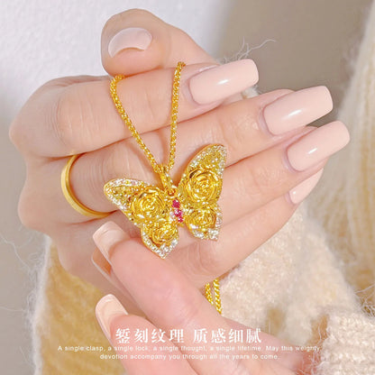 luxury real gold jewelry 24k certifid sparkling crushed ice rose butterfly pendant women's 999 pure gold dot diamond necklace