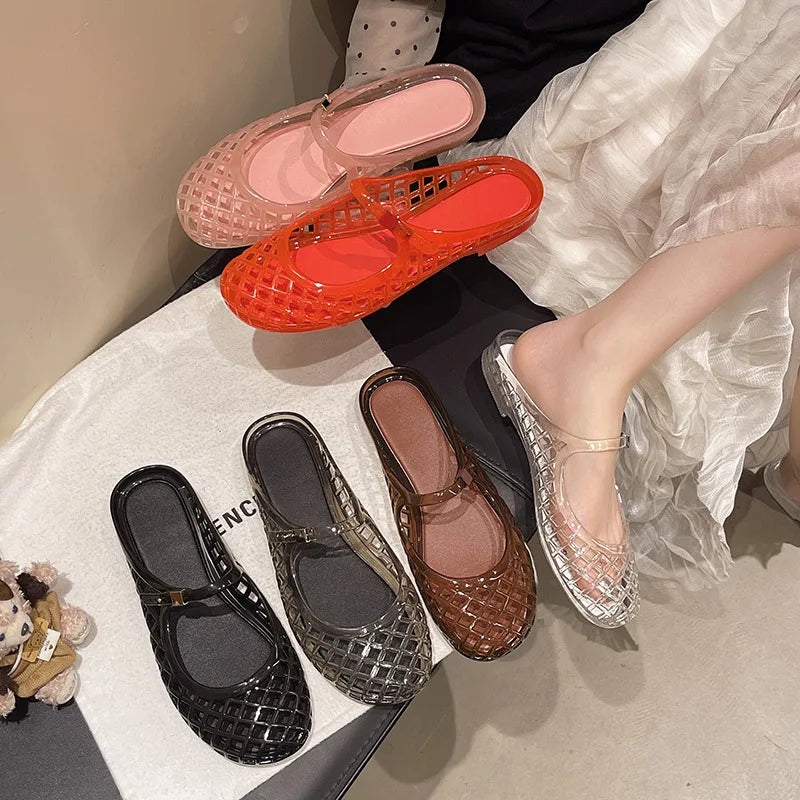 Women's Light Luxury Crystal Jelly Mary Jane Flat Sandals Hollow-out Breathable Closed Toe Summer Casual Non-slip Slip-on Shoes
