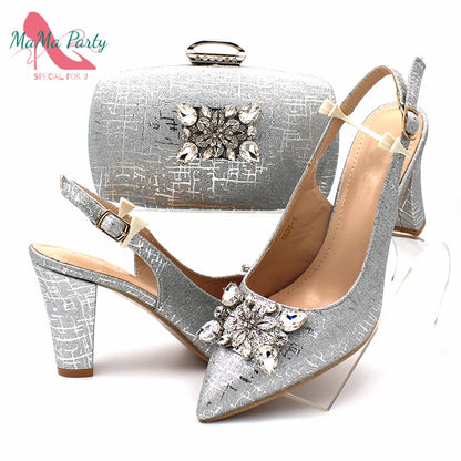 Fuchsia Color Italian Classics Design African Women Shoes and Bag Set High Quality with Shinning Crystal for Wedding Party