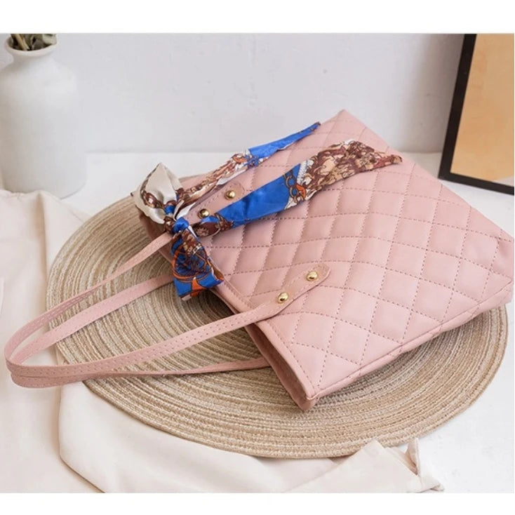 Trendy Large Capacity Embroidery Bag with Scarf Tote Bag Shoulder Bags PU Bucket Bag For Women