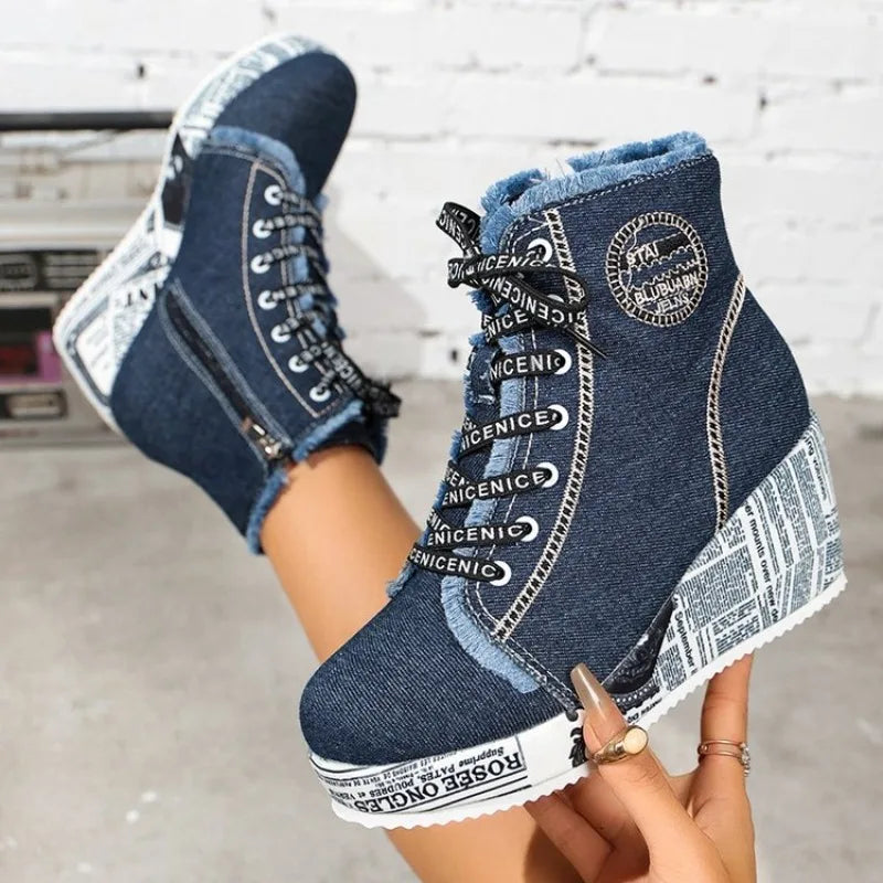 Women's Wedge Sneakers High Top Round Toe Denim-Look Lace-Up Side Zipper Letter Print Detail Casual Platform Ankle Boots 2026