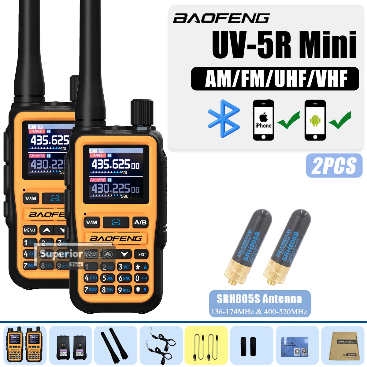 Baofeng UV-5R Mini Two Way Radio Orange BF-5R Mini Walkie Talkie Bluetooth Power Adjustable Tiny Size 1/2/4PCS Frequency Copy 5W