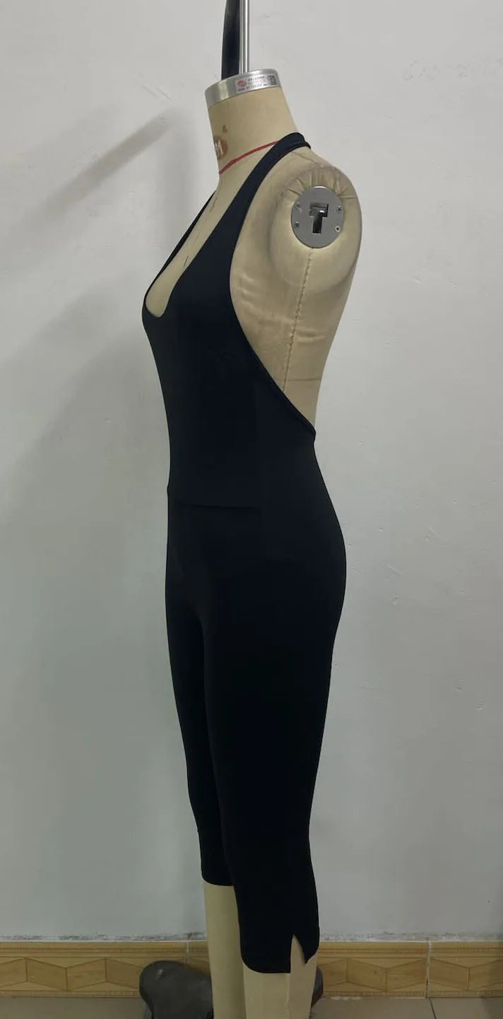 Sexy Playsuits Women Basic Solid Summer Casual Halter Low-cut Backless Stretch Skinny Rompers Female Gym Work Out One Piece New