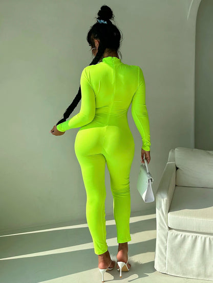 Women's stand up collar tight solid color jumpsuit with metal circle decoration long sleeved all-in-one pants, fitness leggings