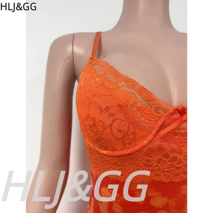 HLJ&GG Vintage Flowers Print Mesh Spaghetti Strap Bodycon One Piece Rompers Women V Neck Sleeveless Jumpsuits Fashion Overalls