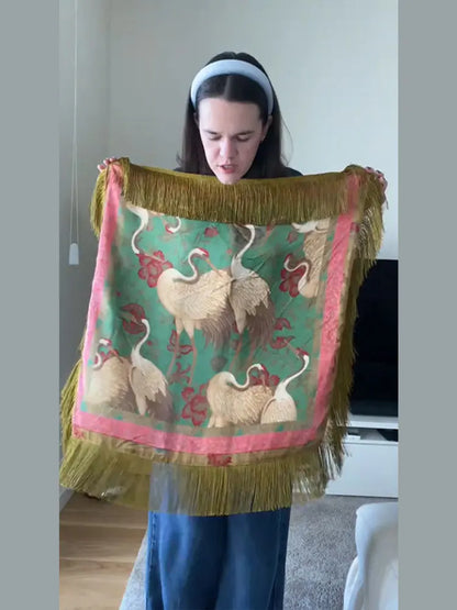 Tassel Floral Women ’s Scarf Large Square Silky Satin Scarf With Olive Fringe Trim Scarf Female 2026 Spring Woman Accessory