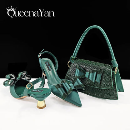 Queena Yan Hot Selling Fashion Mature Coffee Color Butter-fly Design Pointed Toe High Heel Party Wedding Lady Shoes and Bag Set