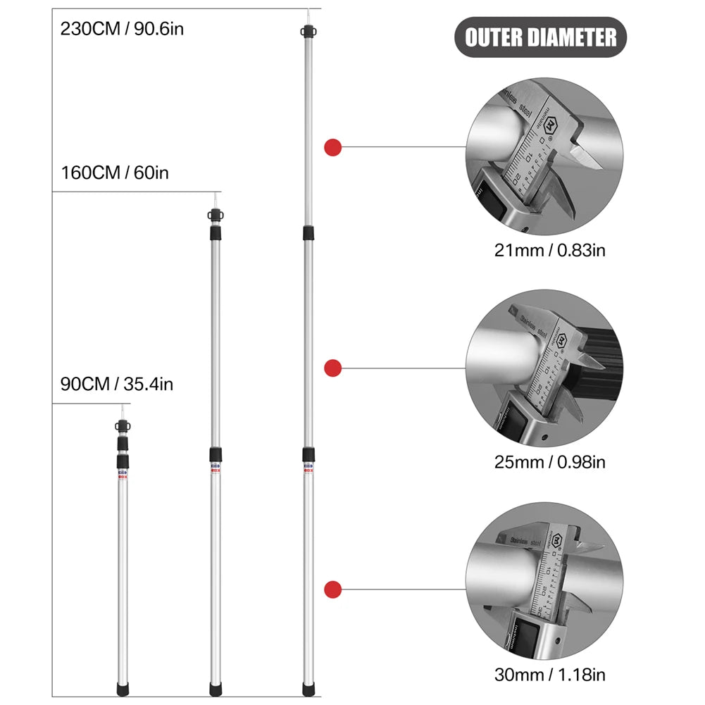 2.3M Tall Set of 2 Telescoping Aluminum Camping Tent Poles Portable Adjustable Tarp Rods for Sun Shelter Canopy Awning