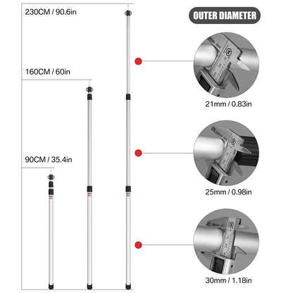 2.3M Tall Set of 2 Telescoping Aluminum Camping Tent Poles Portable Adjustable Tarp Rods for Sun Shelter Canopy Awning