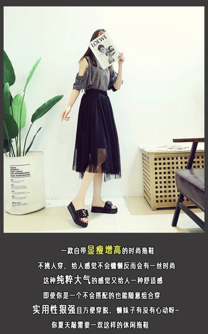 2025 Summer New Women's Fashion Letter Designer Sandals Casual Thick Bottom Round Toe Leather Beach Shoes Женские Сандалии