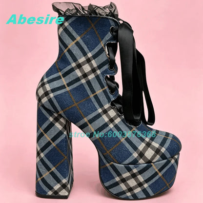 Blue Black Plaid Ankle Boots Platform Lace-Up Hollow Out chunky heels women's boots Sweet Cool Gothic Y2K Daily Wear Shoes