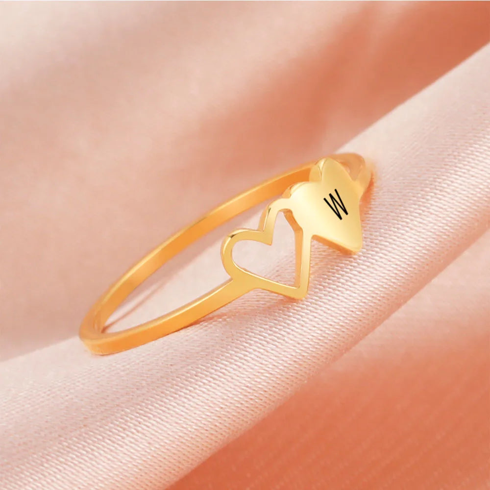 COOLTIME Initial Letter Ring for Women Stainless Steel A-Z Alphabet Double Heart Rings Simple Wedding Cheap Gift For Lover