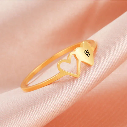 COOLTIME Initial Letter Ring for Women Stainless Steel A-Z Alphabet Double Heart Rings Simple Wedding Cheap Gift For Lover