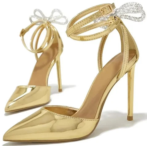 Gold Metallic Leather Pointed Toe High Heel Pumps For Women Back Crystal Bowtie Butterlfy Ankle Strap Runway Shoes Thin Heels
