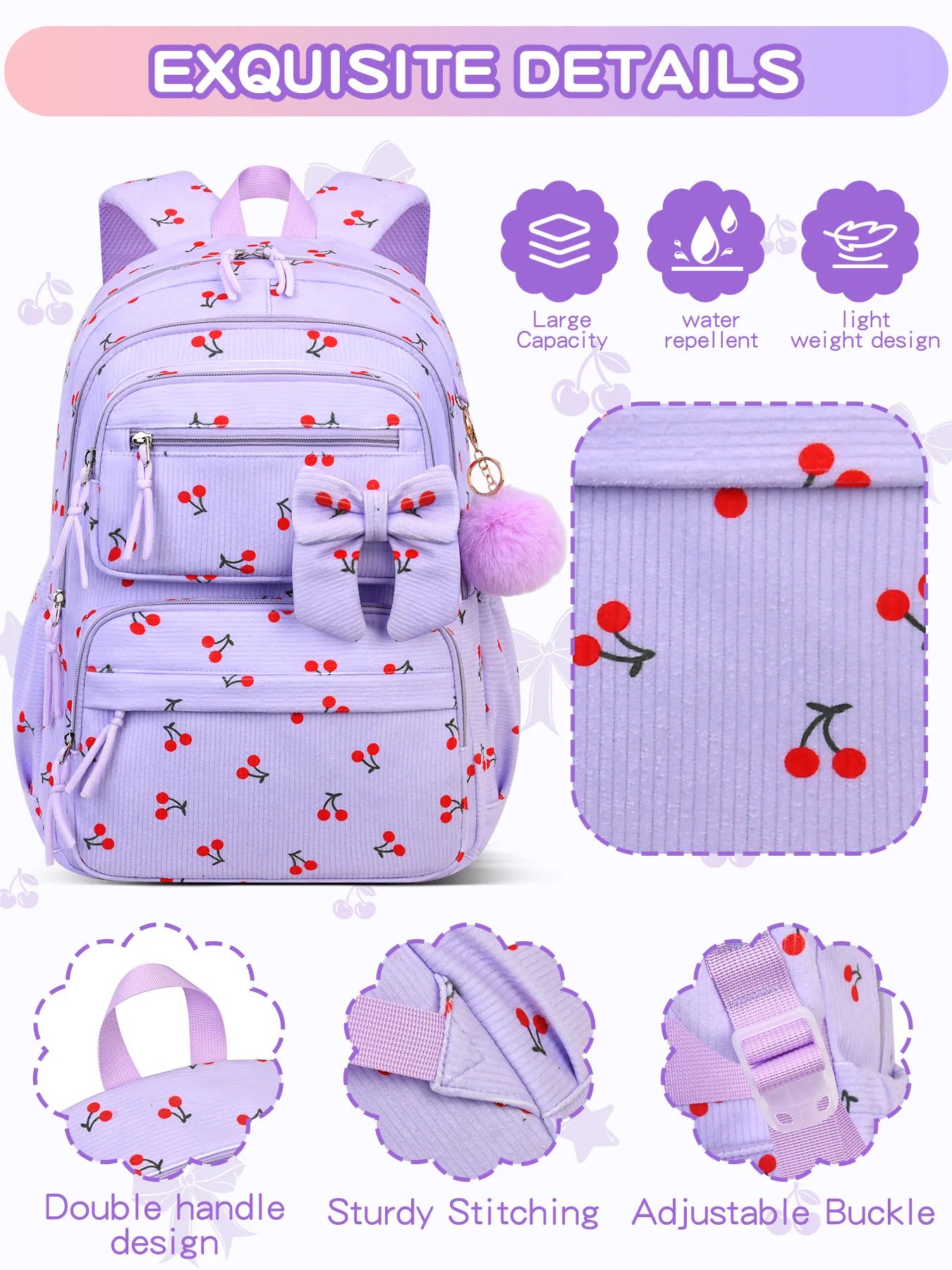 2026 High Quality Corduroy Three Piece Backpack with Cherry Pattern Princess Large Capacity Lightweight School Bag mochilas