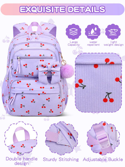 2026 High Quality Corduroy Three Piece Backpack with Cherry Pattern Princess Large Capacity Lightweight School Bag mochilas