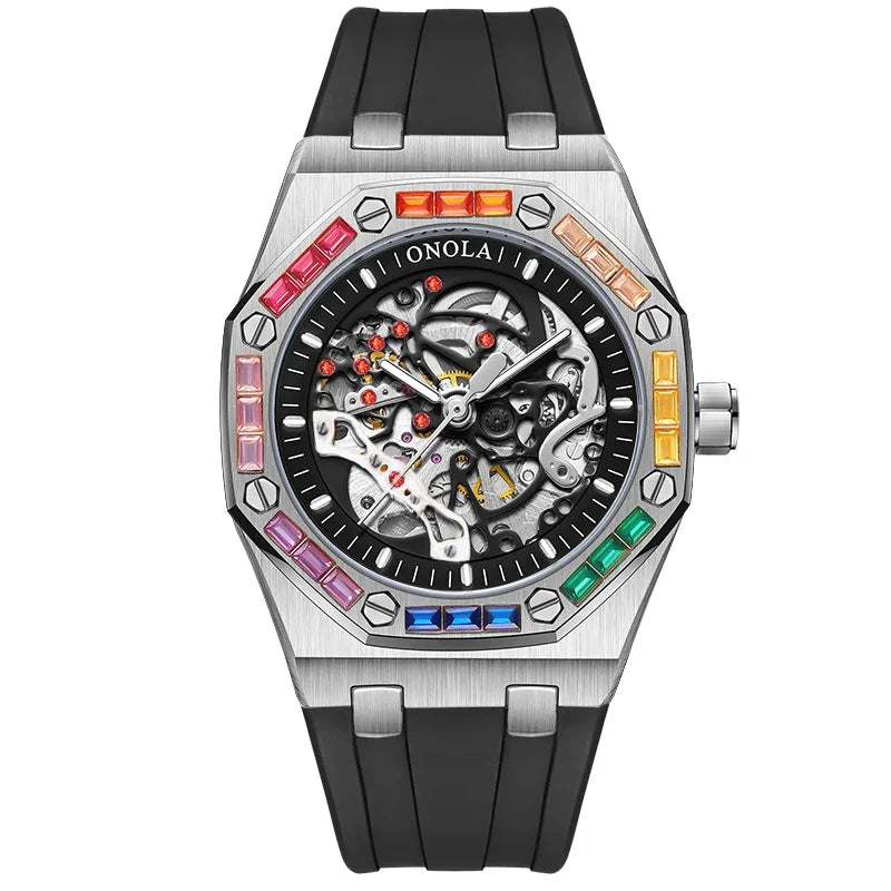 ONOLA 3834 Luxury Diamond Set Design Men's Automatic Mechanical Watch Fashion Hollow Sports Silicone Strap Watches for Man