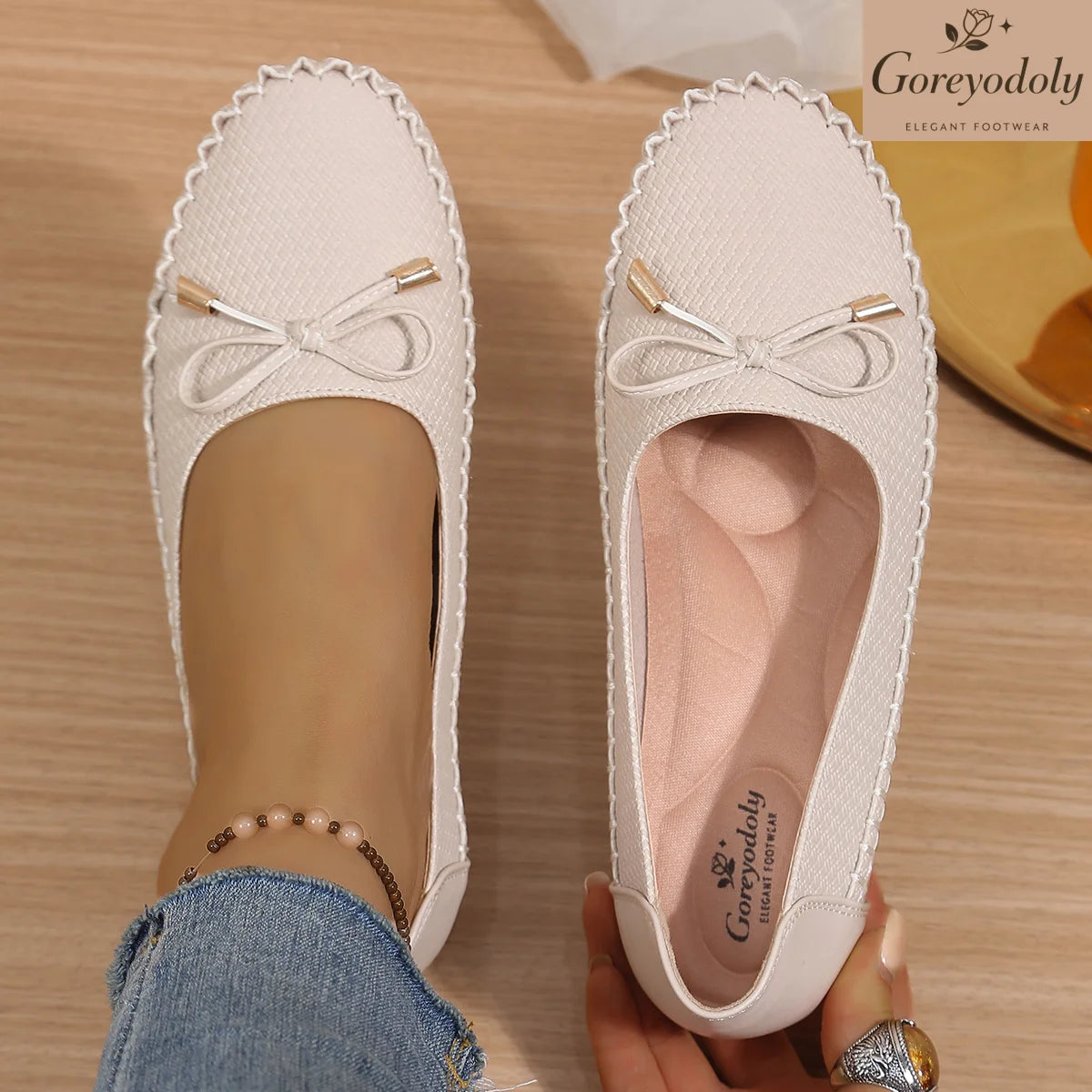 Goreyodoly Womens Casual Slip On Flats Woven Pattern Bow Breathable Lightweight Comfortable Daily Walking Shoes