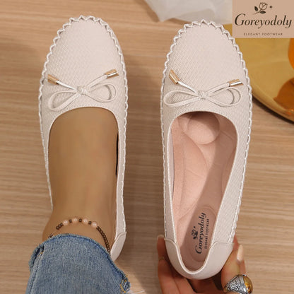 Goreyodoly Womens Casual Slip On Flats Woven Pattern Bow Breathable Lightweight Comfortable Daily Walking Shoes