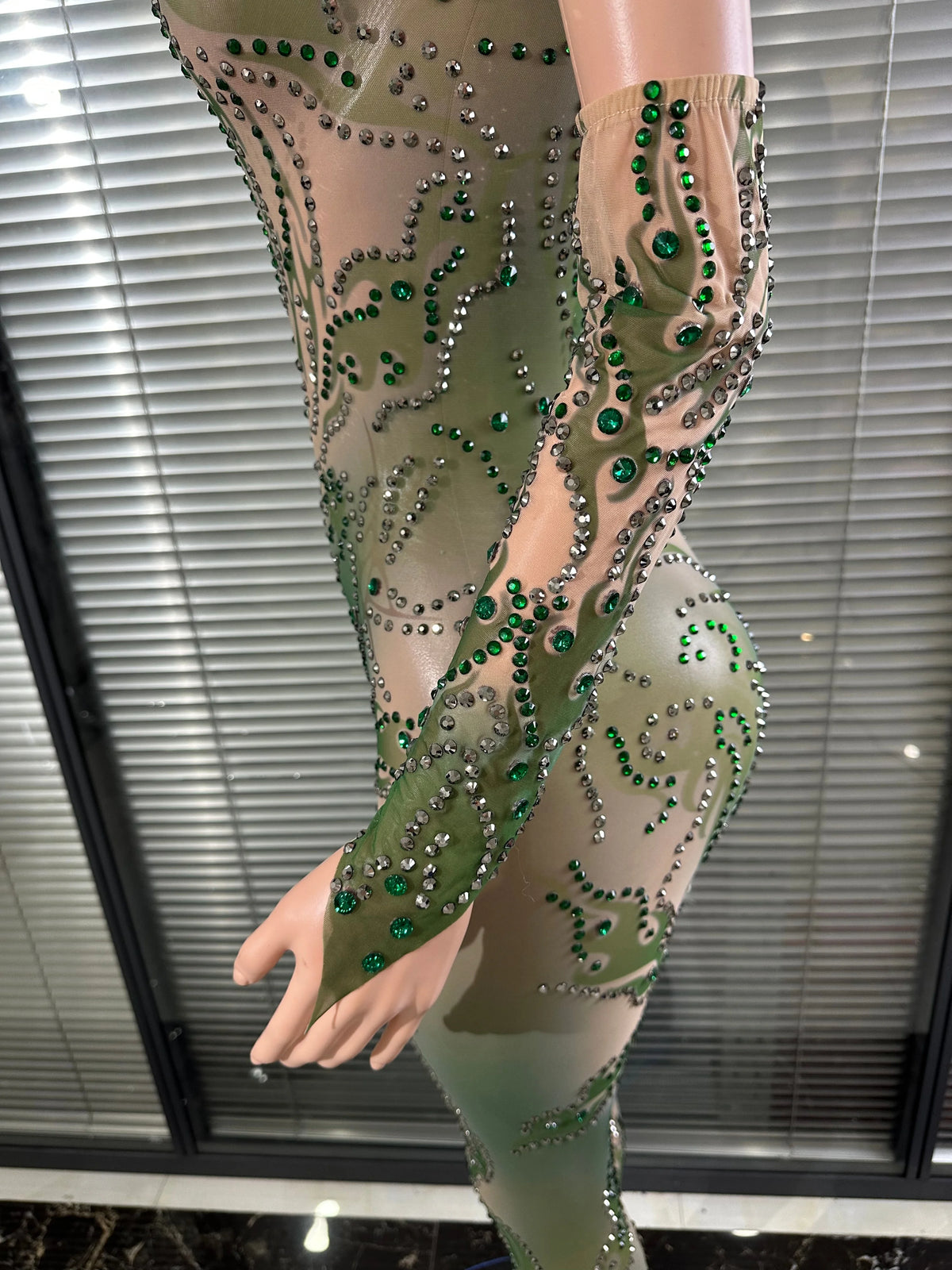 Chic Sheer Mesh Full Body Jumpsuit Women Sexy Rhinestone Embellished High Neck Slim-fit Outfit Nightclub Evening Party Costume