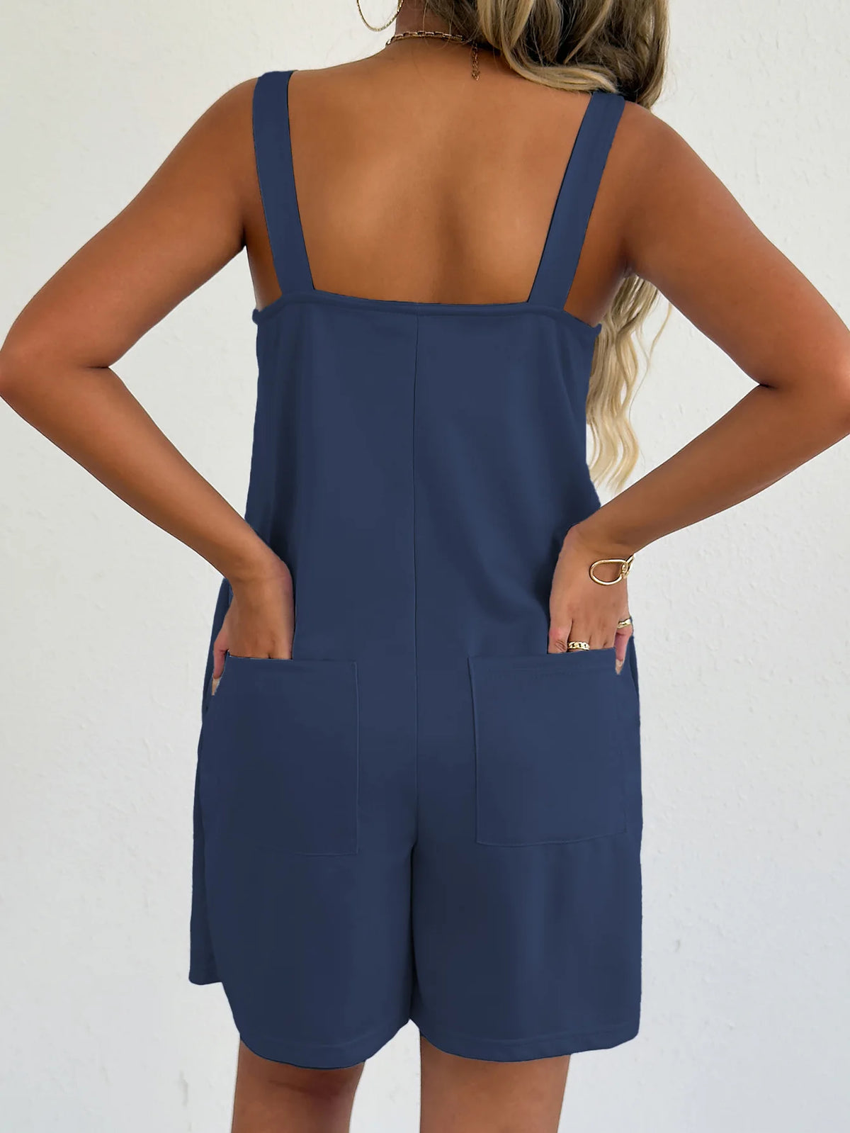 Women Sleeveless Strap Short Romper Heart Neck Pleated Wide Leg Jumpsuit With Pockets Loose Summer Casual Beach Vacation Outfit