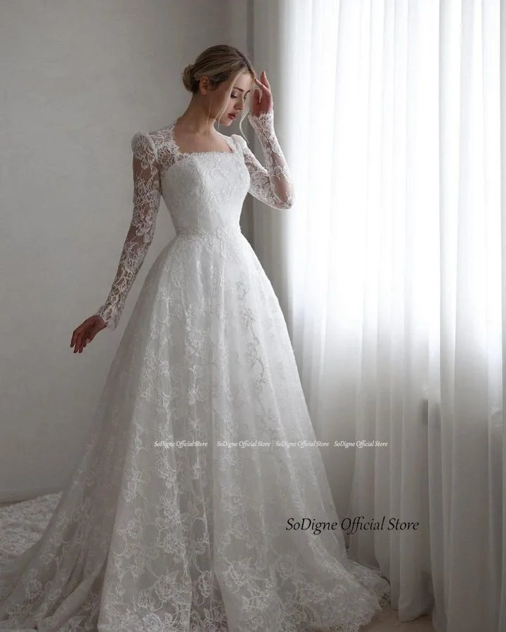 SoDigne A-line Boho Lace Wedding Dress Full Sleeves Square Collar Bride Dresses Long Bridal Gowns Vestidos De Novia Customized
