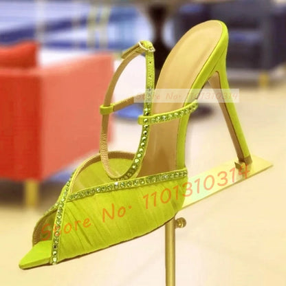 Peep Toe Tulle Sandals Stiletto High Heels Women Luxury Crystals Trim Pleated Mesh Shoes Summer Ladies Graceful Evening Shoes