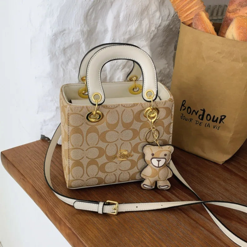 Luxury Women Bag 2026 New Vintage Classic Monogram Handbag Fashion Designer Ladies Tote Crossbody Bag with Bear Charm
