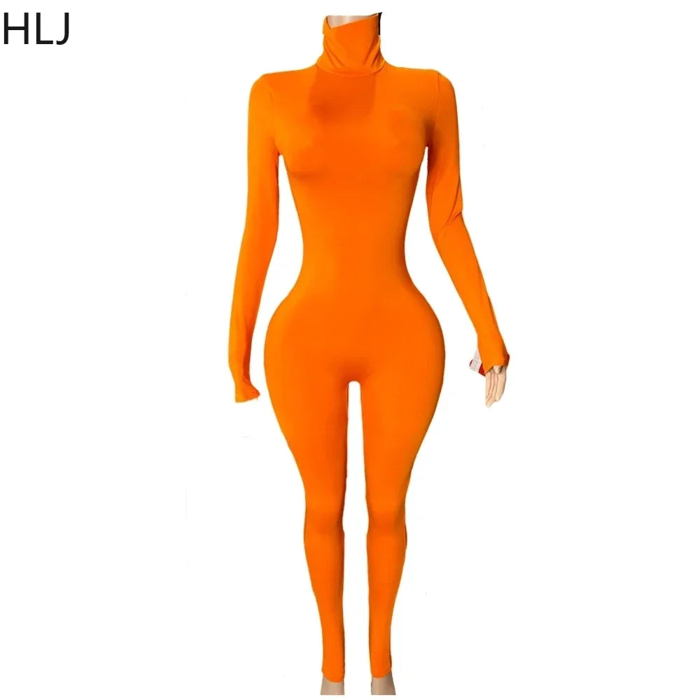 HLJ&GG Spring New Casual Solid Color Sporty One Piece Jumpsuits Women Turtleneck Long Sleeve Bodycon Playsuits Female Overalls
