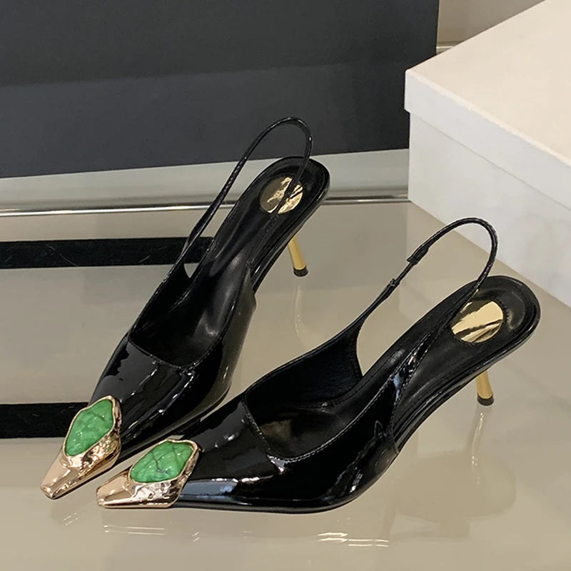 Liyke Fashion Design Inlay Gems Pointed Toe Patent Leather Sexy Slingback Sandals Women Pumps High Heels Wedding Banquet Shoes