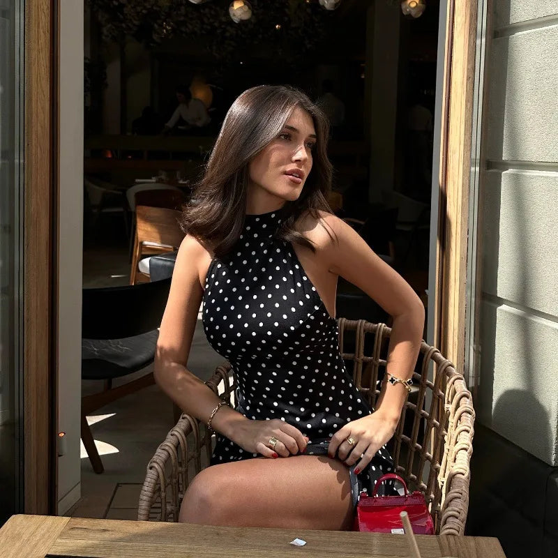 Elegant Off-Shoulder Polka Dot Mini Dress Women's Sleeveless Backless High Waist Y2K Summer Fashion Club Party Gown
