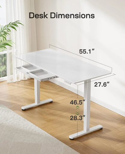 Glass Standing Desk with Drawer 58 X 28 Inches Stand up Desk Standing Desk Adjustable Height with One-Piece Tempered Glass Top, Ergonomic Home Office Desk with 4 Preset Heights
