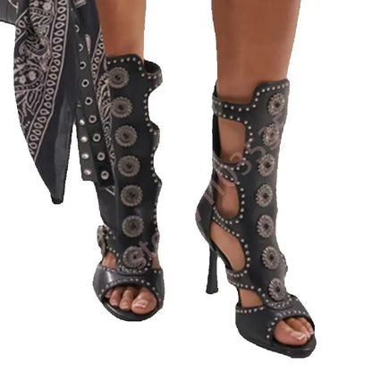 Women's 2026 Peep Toe Rhinestone Buckle Cutout Gothic Floral Mid-Calf Boots Punk Motorcycle Party Shoes with Rivets
