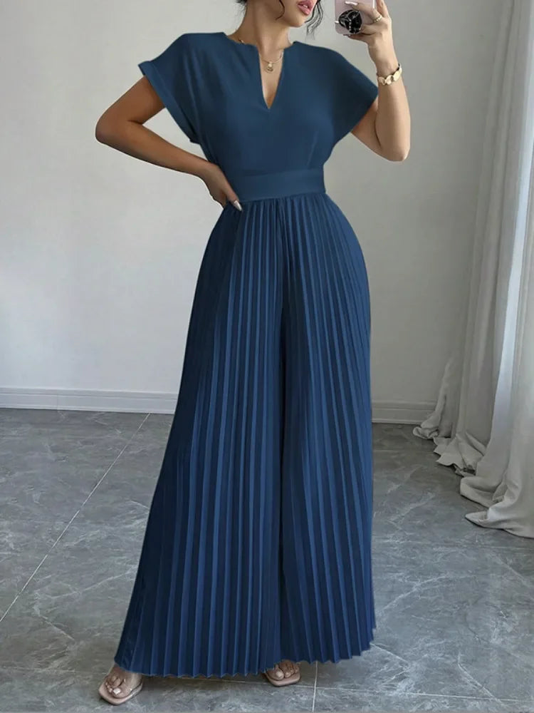 Elegant Pleated Jumpsuits&Rompers for Women V-Neck Jumpsuits Fashion Summer High Waisted Luxury Birthday Party Outfit