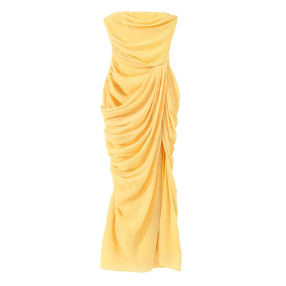 Solid Pleated Strapless Women's Dress Backless Off-shoulder High Waist Split Female Dresses 2026 Sexy Summer Evening Party Gown