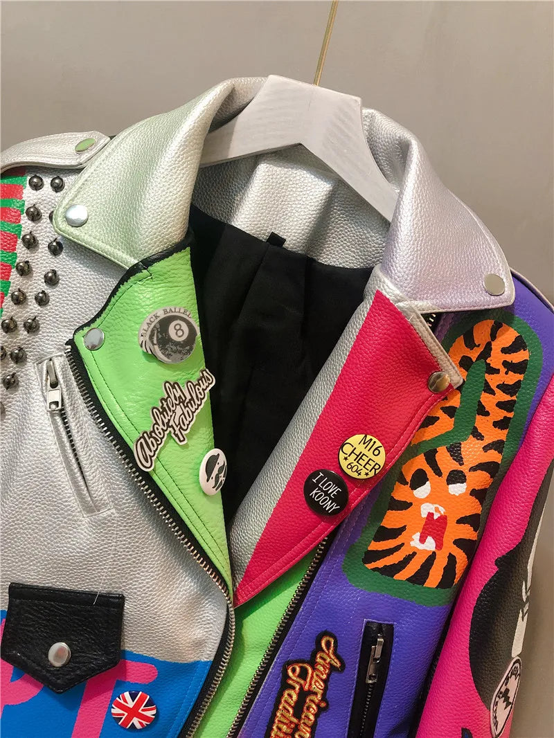 3xl women and men rivet beading pu leather jacket hit color streetstyle Graffiti outerwear letters printed leather jackets