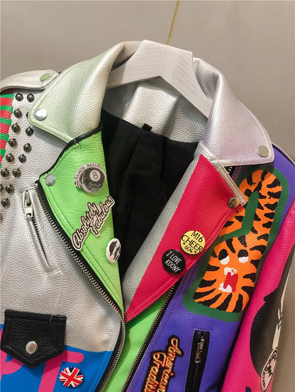 3xl women and men rivet beading pu leather jacket hit color streetstyle Graffiti outerwear letters printed leather jackets