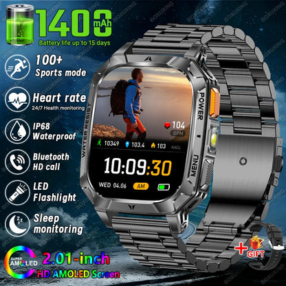 New 1400 mAh Battery Military Smartwatch Men IP68 Waterproof Flashlight Health Monitor Sports Call Smart Watch For iOS Android