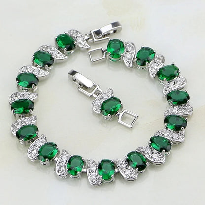 Natural Green Emerald White Topaz Silver Charm Bracelet Women Jewelry Fashion Accessories Gift For Her