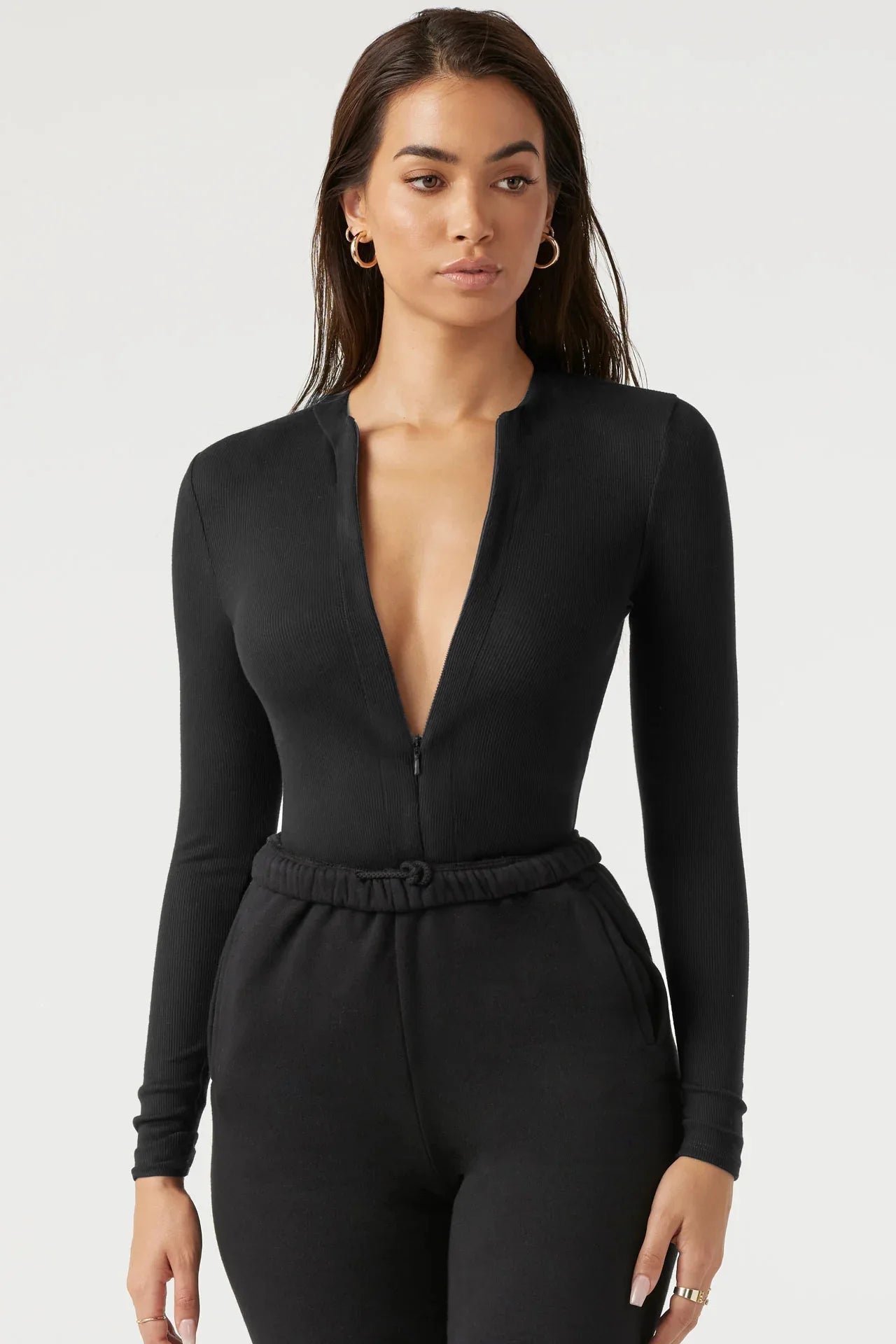 New Women's Jumpsuits Ribbed Long Sleeve Bodysuit Front Zip V Neck Bodycon Tops Stretchy Slim Fit Casual Streetwear for Daily