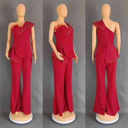 Women Jumpsuit One Shoulder Feather Diamond Peplum Party Fashion Female One Piece African Event Occasion Rompers New Summer 2024