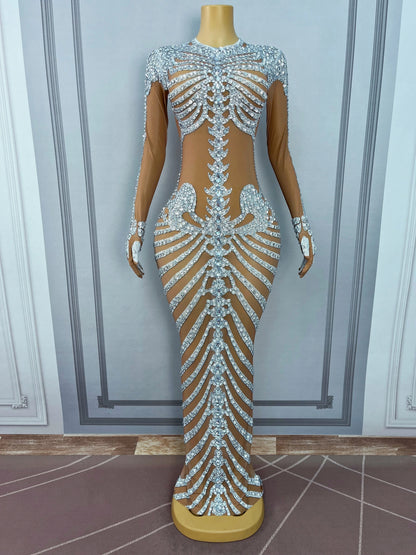 Fashion Skeleton Pattern Designed Shining Rhinestones Mesh Dress Women Halloween Party Celebrate Show Stage Outfit Kulouwang