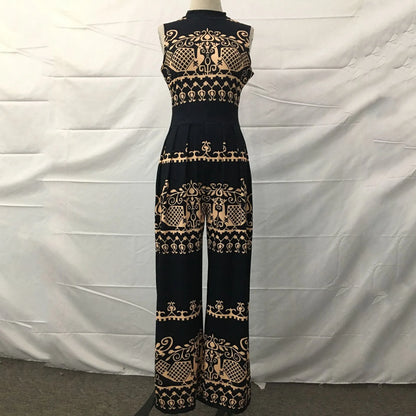 Casual Jumpsuit For Woman Sleeveless Jumpsuits Ethnic Print Mid Waist Romper Wide Leg Pants Long Jumpsuit & Women Clothes