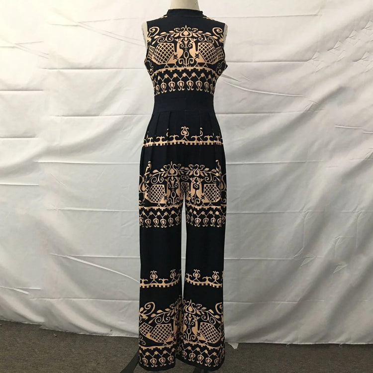 Casual Jumpsuit For Woman Sleeveless Jumpsuits Ethnic Print Mid Waist Romper Wide Leg Pants Long Jumpsuit & Women Clothes