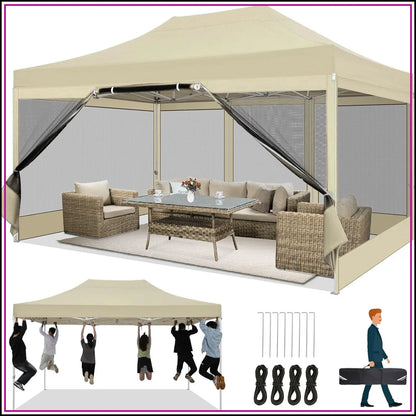 10x15 Pop Up Canopy with 4 Sidewalls, Heavy Duty Gazebo Tent, Mosquito Netting, Easy Setup, Khaki