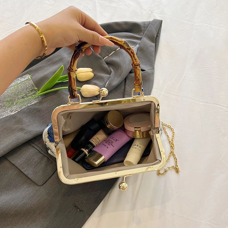 Designer Bamboo Handle Handbag Retro Embroidery Women Evening Bag High-end Nylon Crossbody Bag Luxury Lady Shoulder Bags Satchel