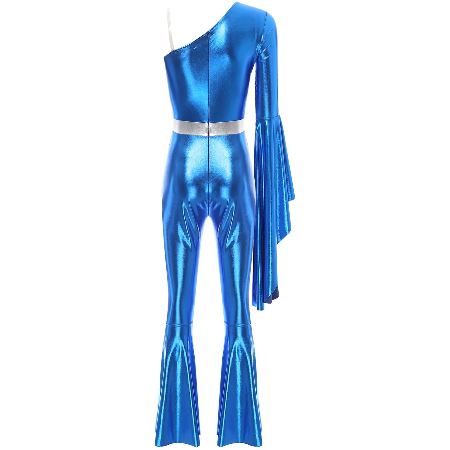 Womens 70S Disco Vintage Jumpsuit Metallic Shiny Flare Sleeve Bodysuit Hippie Bell Bottom Jazz Dance Carnival Rave Party Costume